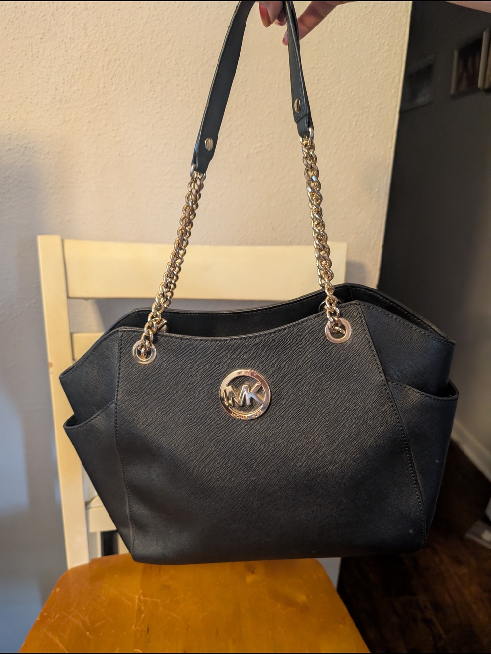 Michael Kors Black Saffiano Tote with Gold Chain Handles